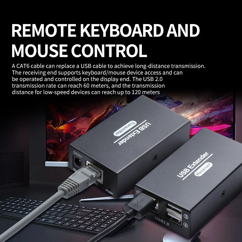 Фото 120 м удлинитель USB2.0 через Ethernet RJ45 Cat6, удлинитель UTP, 4 порта, концентратор USB 2.0, разветвитель для клавиатуры, мыши, принтера, U-диска №3
