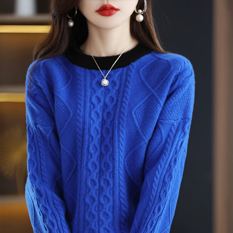 100 pure wool high-end autumn and winter new cable round neck sweater women's color matching pullover loose diamond twisted bott