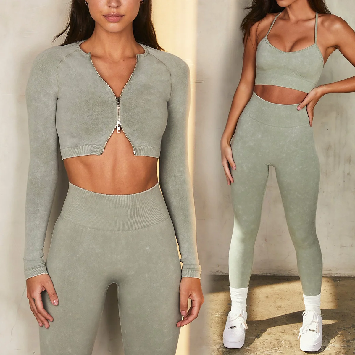 GymHUB New Sand Wash Seamless Yoga Suit Women's Suit Long Sleeve Sports Fitness Five Piece Set