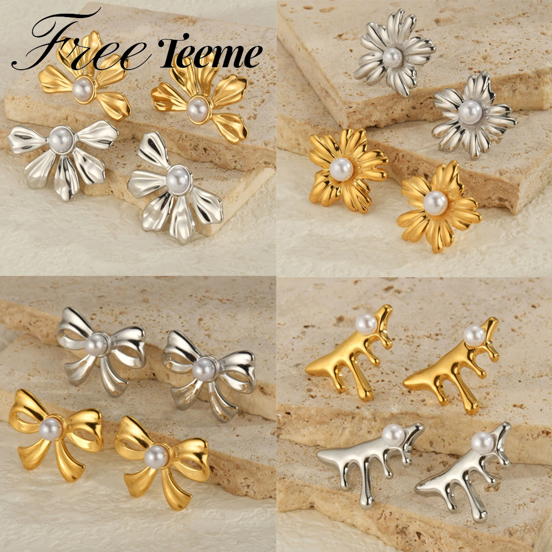 Freeteeme новые серьги-гвоздики с бантом и цветком из искусственного жемчуга для