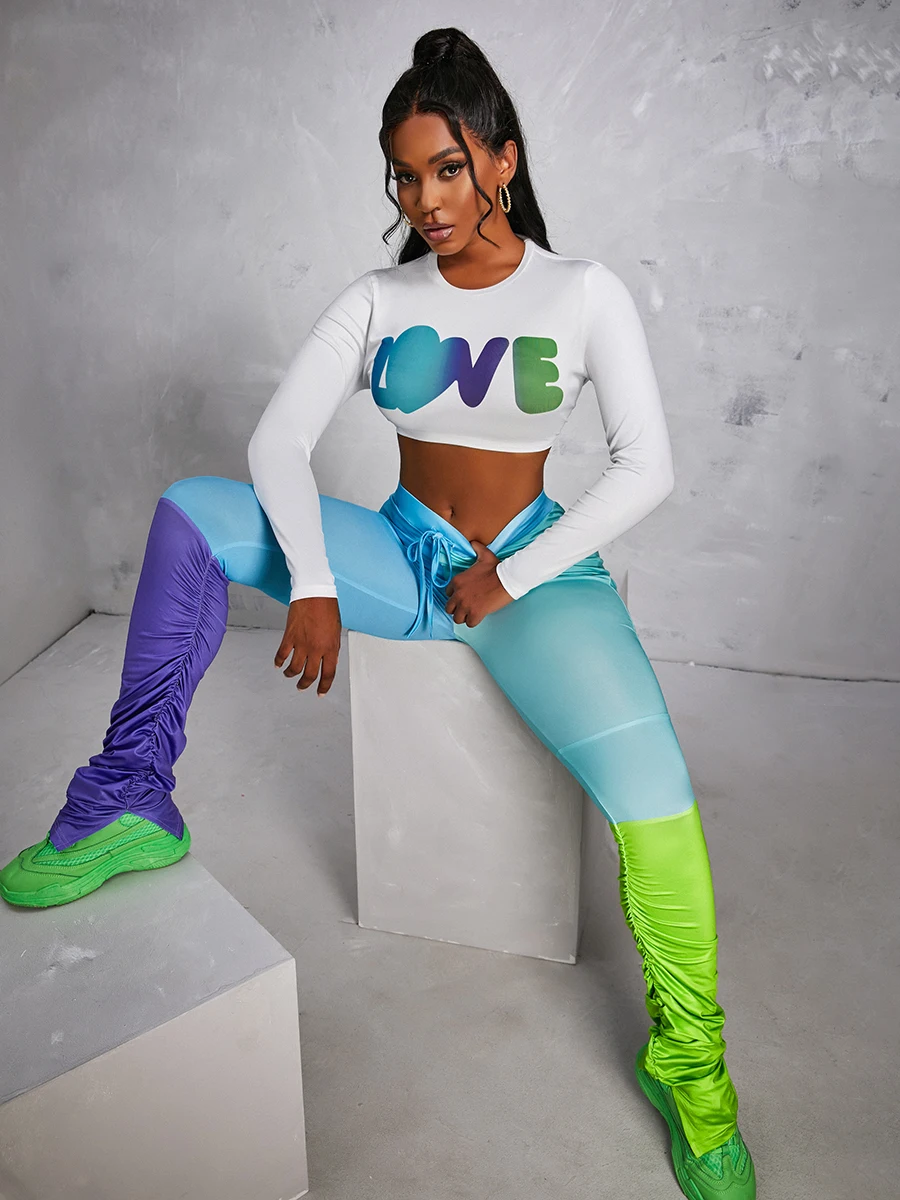 

LW Two Piece Crop Top Love Heart And Letter Print Ruched Pants Matching Outfits For Women Long Sleeve Sheath Cotton Blend Suits