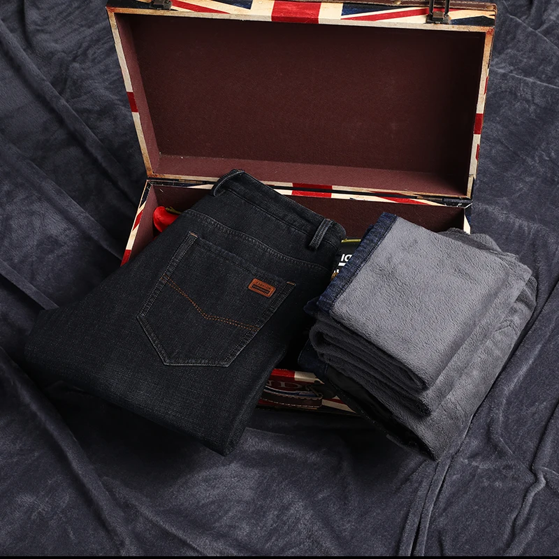 Men's winter jeans men's straight elastic casual business Plush versatile washed denim pants middle-aged man джинсы для мужчин