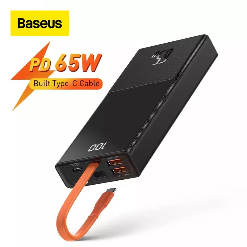 

Baseus Power Bank 20000mAh PD 65W Fast Charging Portable Battery Built cable PoverBank For iPhone 12 Pro Xiaomi Huawei Laptop