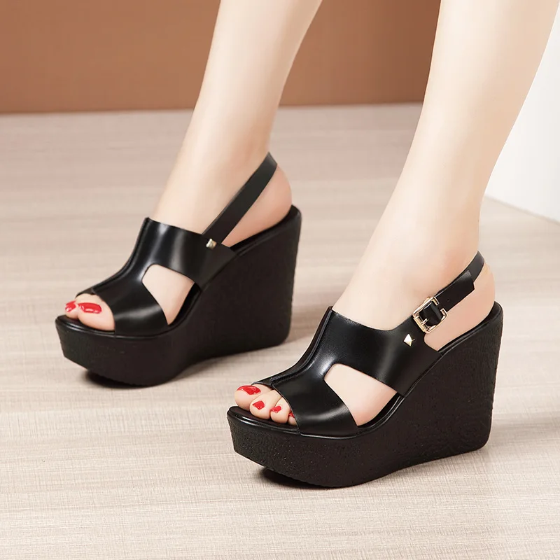 

11cm High Heel Wedges Heel Sandals Women Summer2021New Thick Bottomed Platform Open Toe Black White Sandals Size 32 To 43