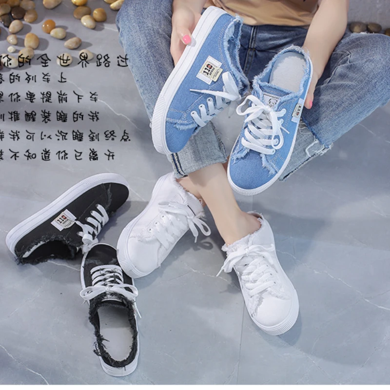 Женские холщовые шлепанцы без застежки плоская подошва полукроссовки для скейта