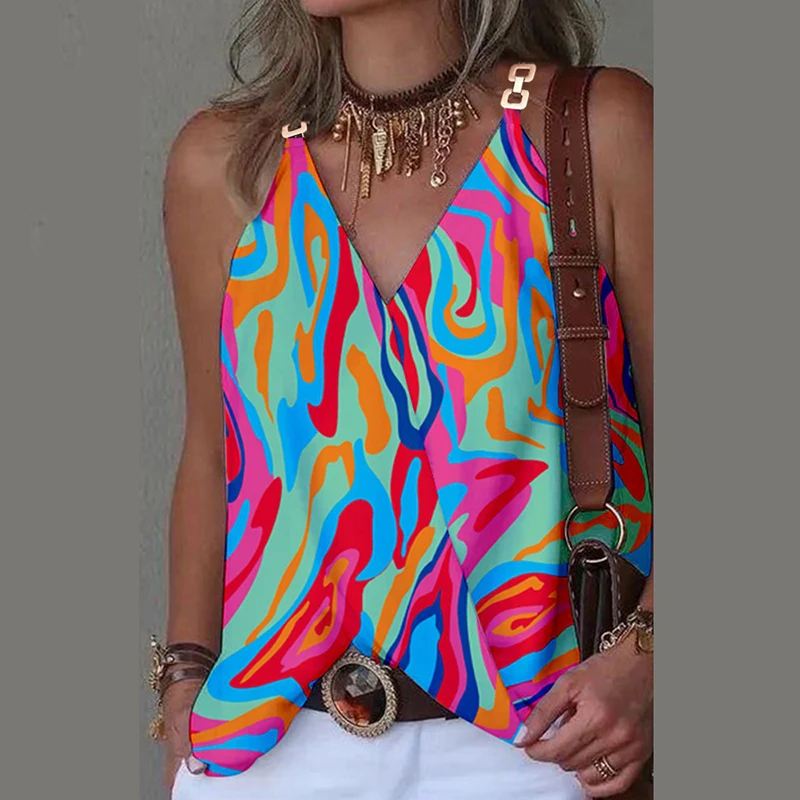 

Летняя модная Свободная майка без рукавов, повседневные офисные блузки для женщин, сексуальные пляжные топы с V-образным вырезом и перекрестными лямками, 2023