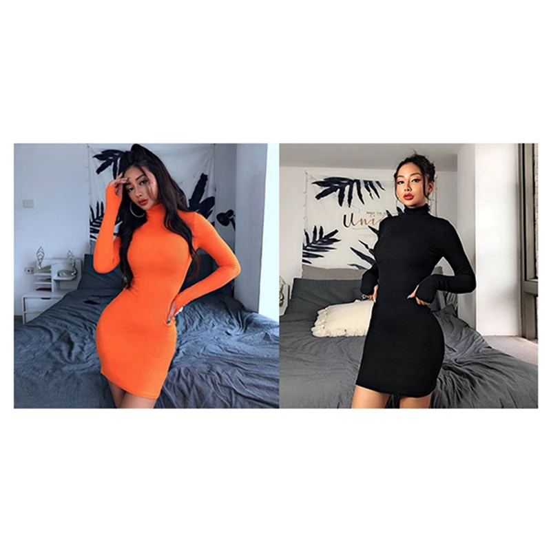 

NEW-2Pcs Knitted Sweater Dress Winter High Neck Long Sleeve Bodycon Dress Sexy Robes Night Club Wear S,Orange & Black
