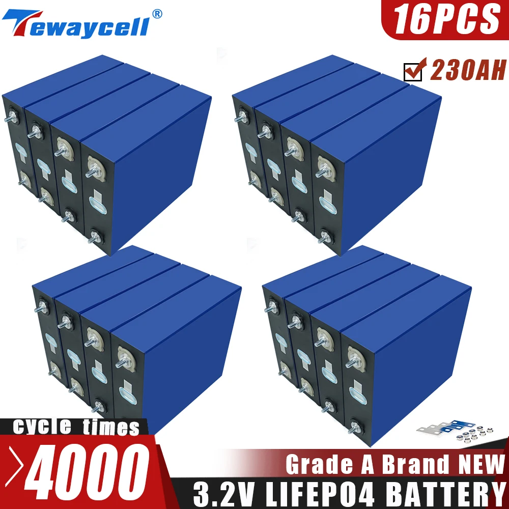 

16pcs 3.2V 230Ah 240Ah New Lifepo4 Rechargable Battery Pack Grade A Lithium Iron Phosphate Prismatic Solar Car RV EU US TAX FREE
