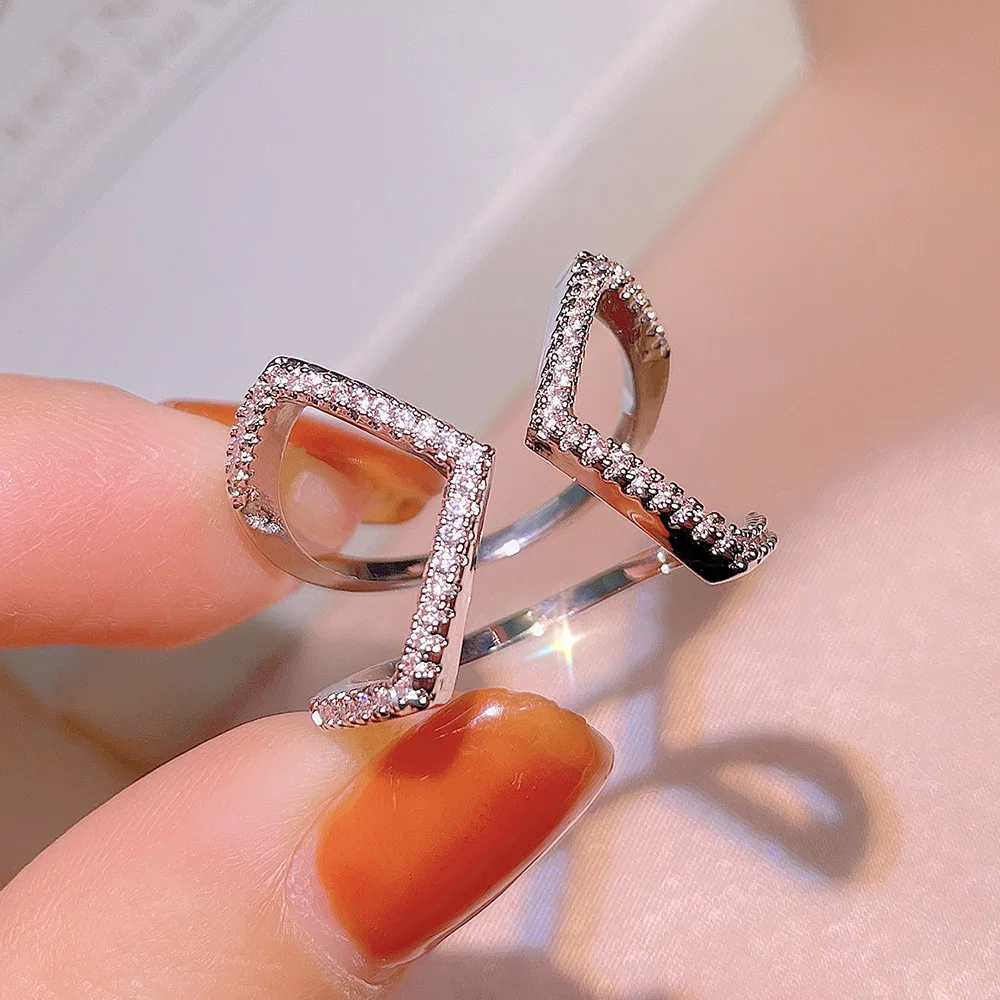 

Exquisite 925 Silver Color Women's Ring Geometric Hollow Ring Full Zircon Ring Opening Adjustment Jewelry For Women Girl
