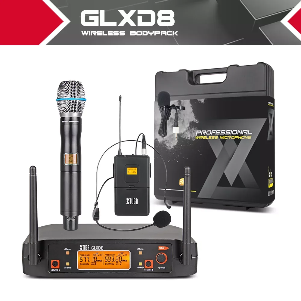 

NEW2023 GLXD8 Portable UHF Microphone System with carry case 1Boydpack1Handheld MIC BOX Cordless Wireless for Stage Church weddi