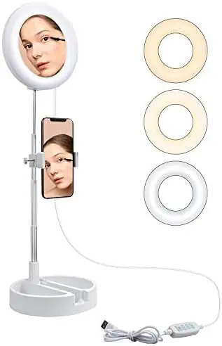 

NEW Suporte de luz de anel de selfie de 15,24 cm, mesa de trabalho, luz dobrável, espelho embutido para maquiagem, YouTube, ví