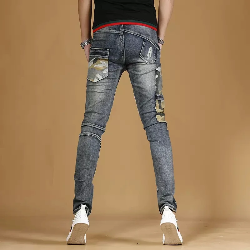 Autumn Men Blue Jeans Camouflage Patchwork Pants Streetwear Casual Slim Fit Denim Trousers