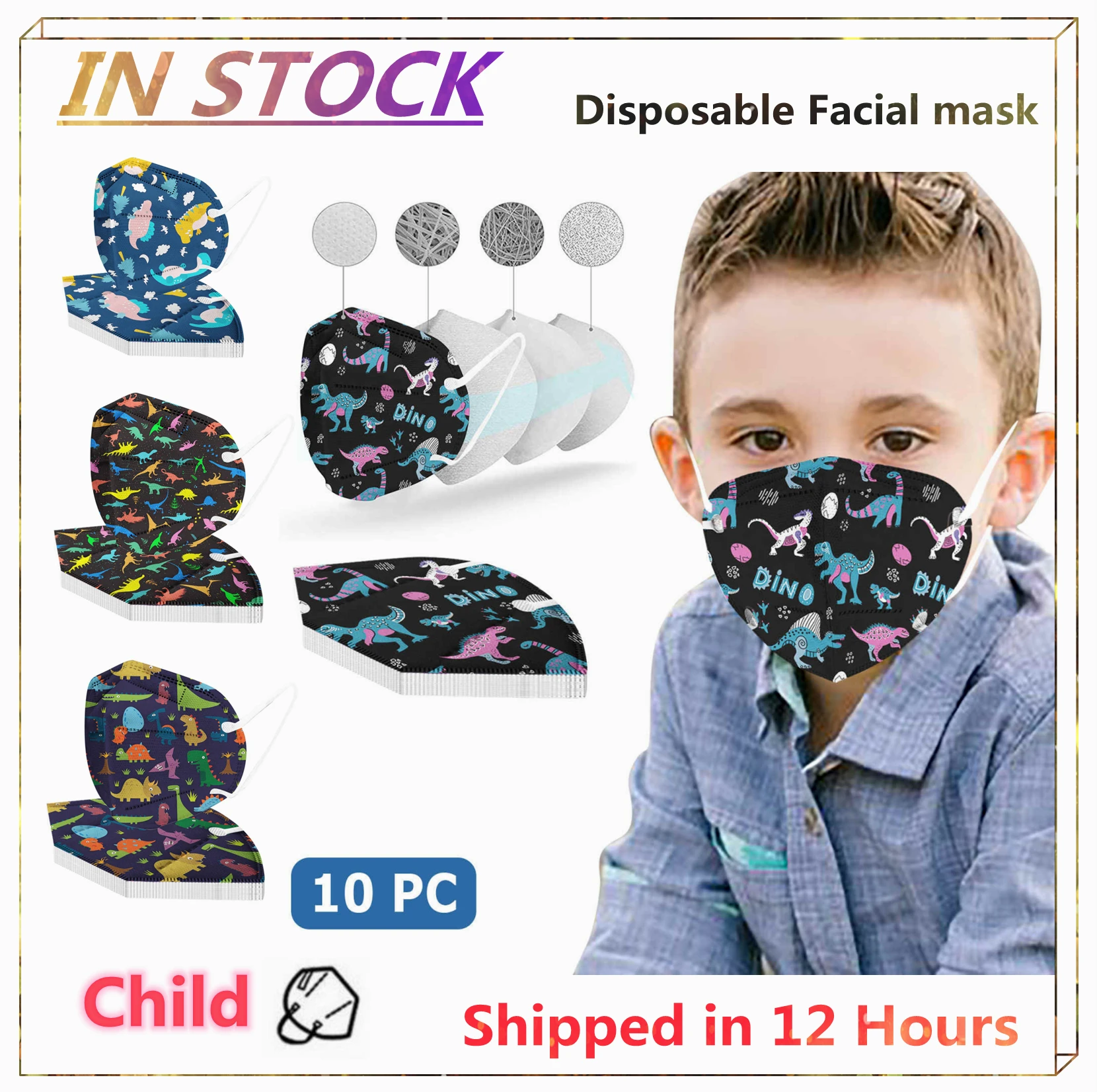 

10PCS Children Dinosaur Printed Outdoor Prevention Fish Mask mascarillas niños Fit 6-12 Year Children Masks direct sales masque
