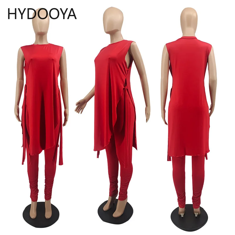 Plus Size Women Clothing Tracksuit Casual Two Piece Sets High Slit Sleeveless Top and Stacked Pencil Pant Dropshipping Wholesale