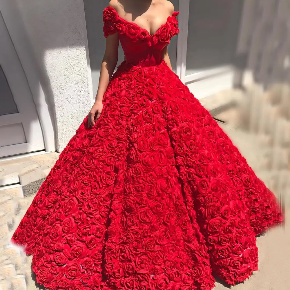 

Red Evening Dresses Long Luxury 2022 V-Neck Off-The-Shoulder Puffy Ball Dress 3D Flower A-Line Elegant Sexy Formal Party Gowns