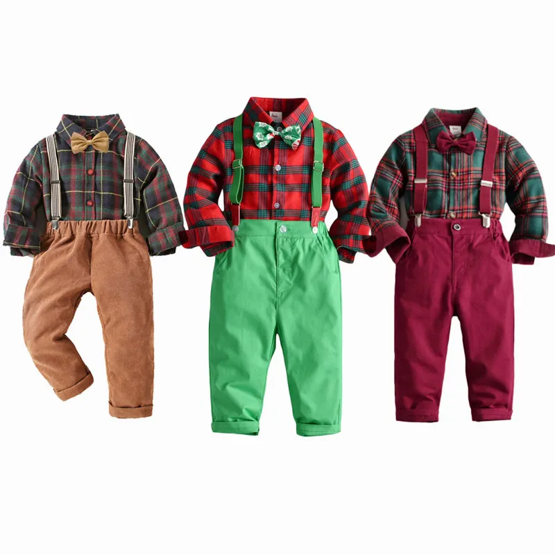 

1-6Y Kids Boys Gentleman Clothes Set Baby Long Sleeve Lapel Plaid Shirt Bow-tie Suspender Pant Children Christams Party Outfits