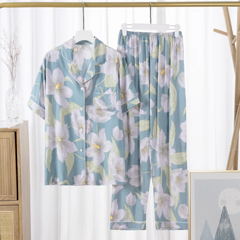 Fdfklak 2Pcs Women's Pajamas Sets Woman Pyjama Suit Summer Lapel Design Short Sleeve Trousers Set Home Clothes Floral Print