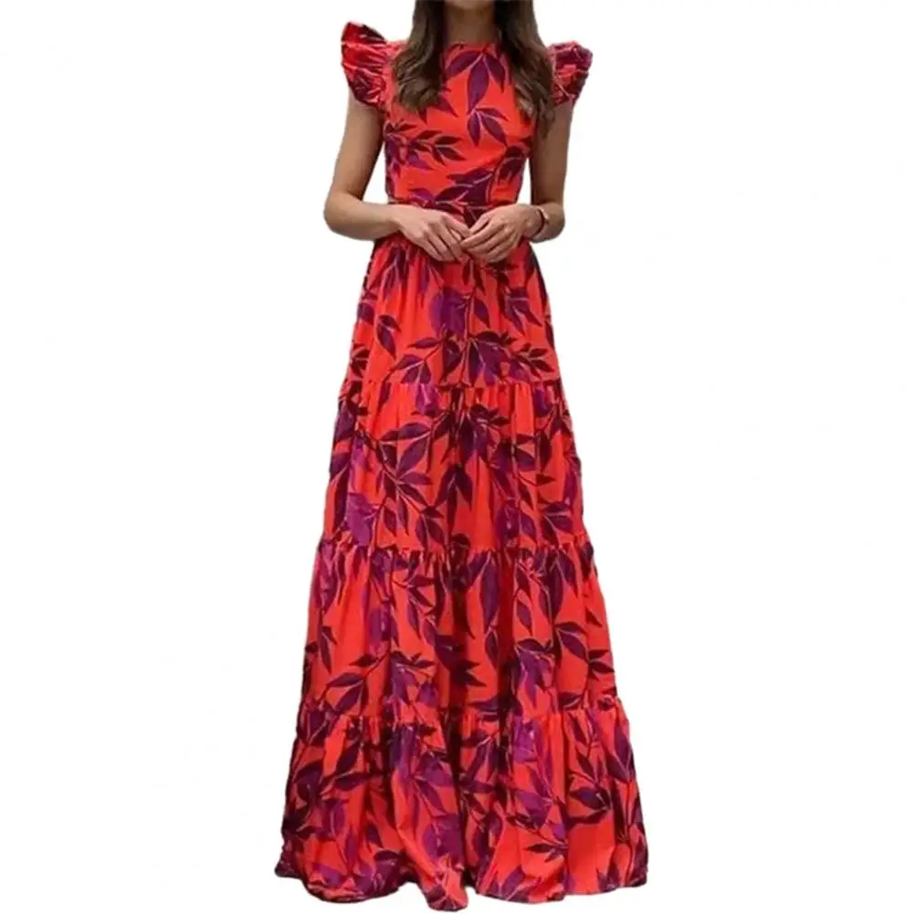 

Flying Sleeve Maxi Dress Stylish Women's O-neck Maxi Dress Flowy Hem Leaves Print Backless Lace-up High Waist Ruffle Details