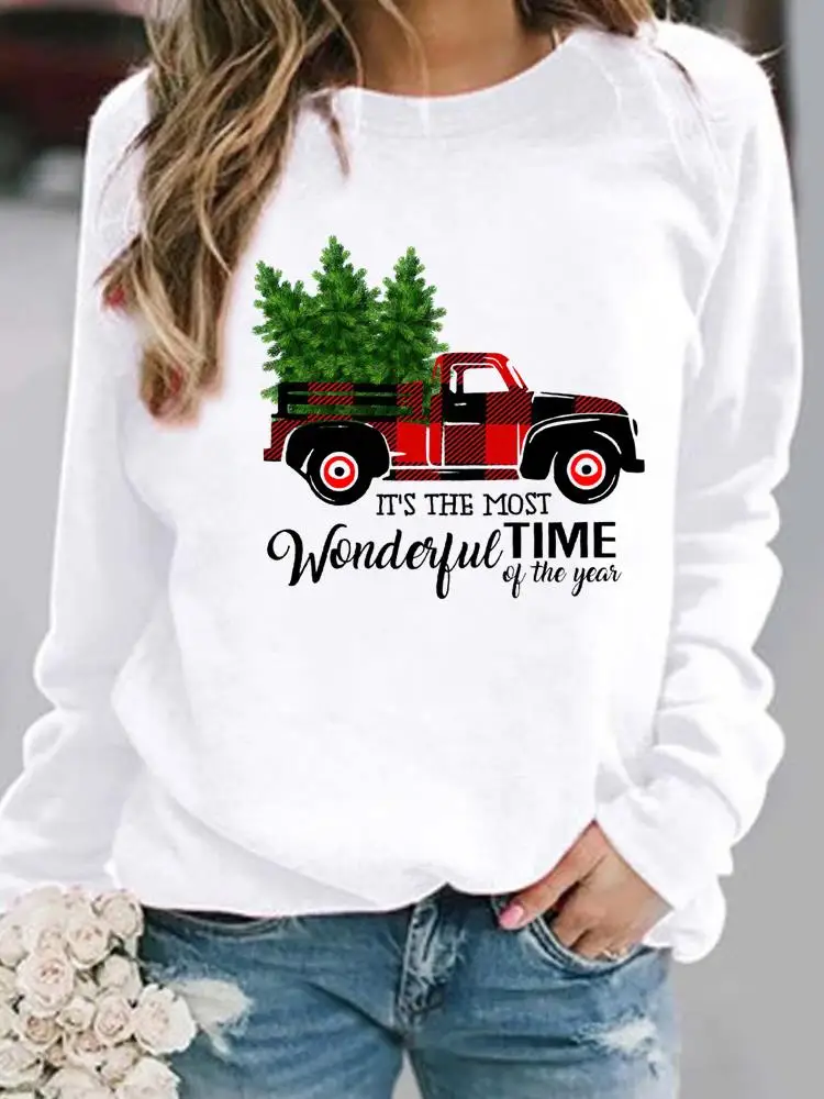 

Print Pullovers Woman Merry Christmas Fashion Festival Plaid Truck Letter Cute Female Women Hoodies Casual Graphic Sweatshirts