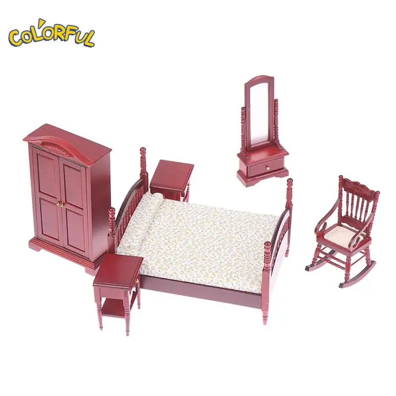 

1Pcs/1Set 1:12 Dollhouse Miniature Furniture Wooden Bedroom Set Bed Bedside Table Closet Rocking Chair Cabinet Dresser Mirror