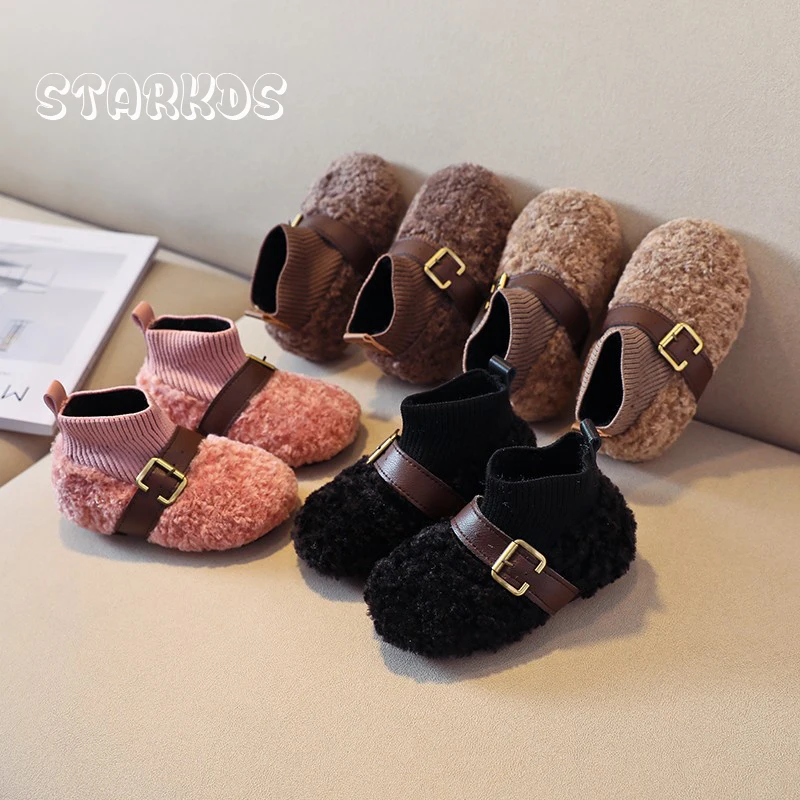 Teddy Fur Loafers Girls Winter Furry Plush Slip-on Flat Shoes Baby Kids Outdoor Warm Fleece Short Boots