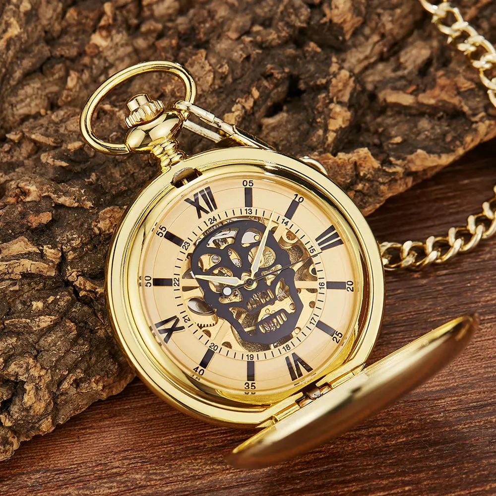 Golden Skull Fashion Smooth Mechanical Pocket Watch Men Skeleton Steampuk Hand Wind Pendant Clock Chain With Arabic Numerals