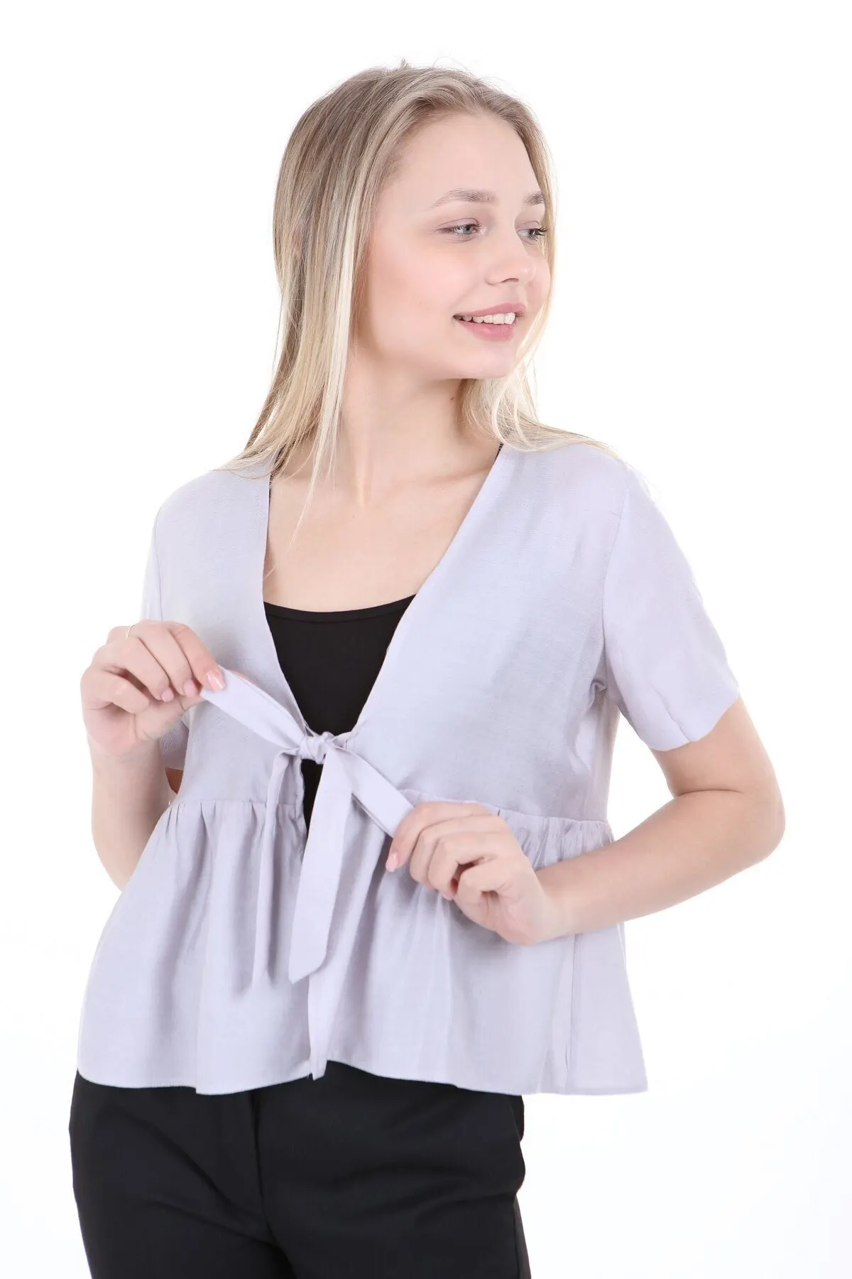 

Women's Kimono Front Tied Half Sleeve Gray Bolero Fashion Bathrobe For Ladies