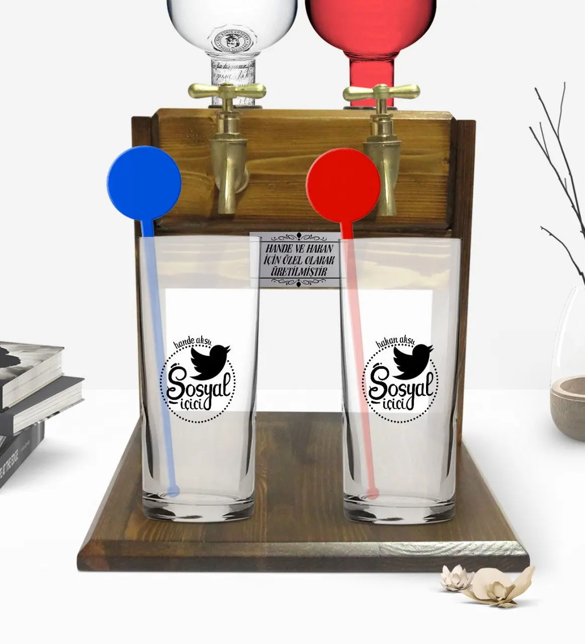 

Personalized Colorful Printed Social İçici Design Dual Vodka Cup and Double Tap Natural Wood Vodka Standı-1