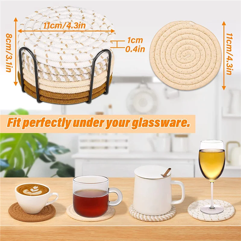 

8 Pcs Drink Coasters with Holder, 4 Colors Absorbent Coasters for Drinks, Cotton Woven Coaster Set for Home Decor A
