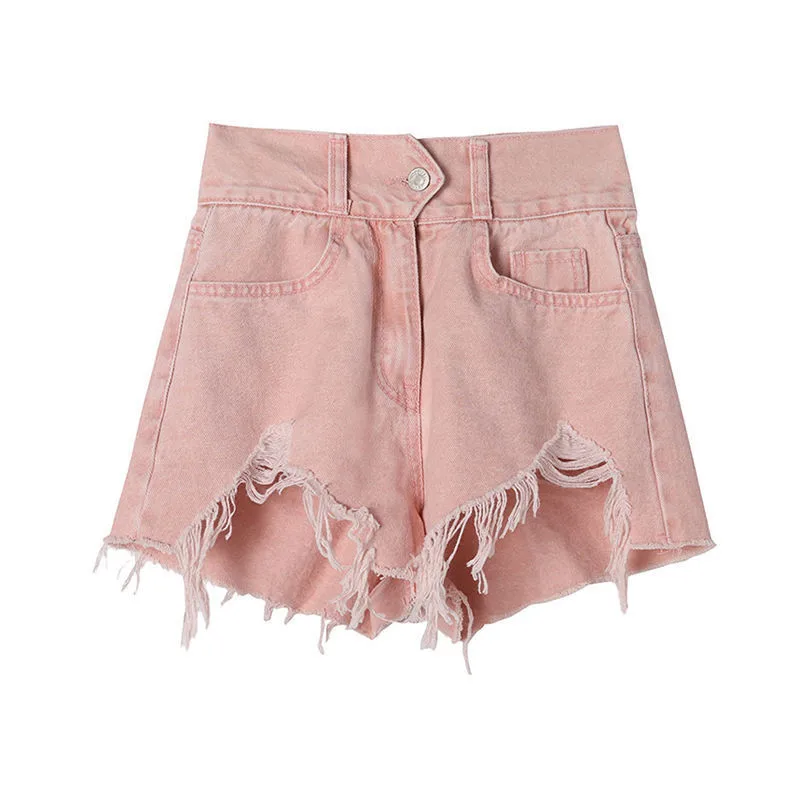 

STSVZORR pink ripped denim shorts women's summer 2022 new high waist slimming all-match niche raw edge wide leg hot pants