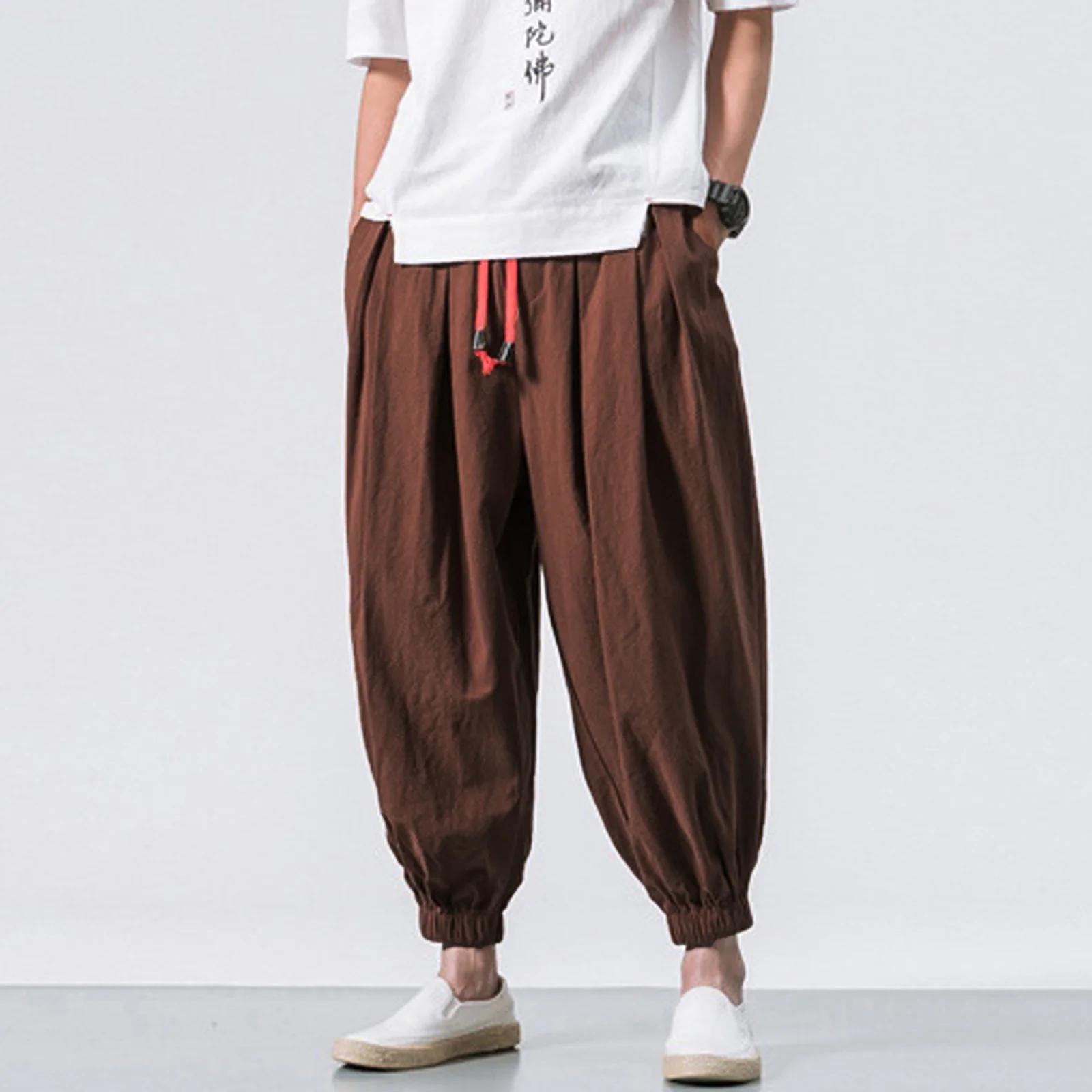 

Men's Fashion Cotton Linen Casual Solid Colors Loose Trousers Breathable Japanese Style Elastic Waist Harem Pants Plus Size#g3