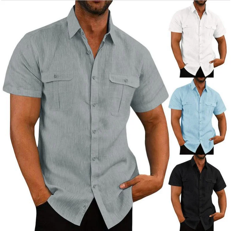 

Cotton Linen Hot Sale Men Short-Sleeved Shirts Summer Solid Color Stand-Up Collar Casual Beach Style Plus SizeMale Shirts M-5XL