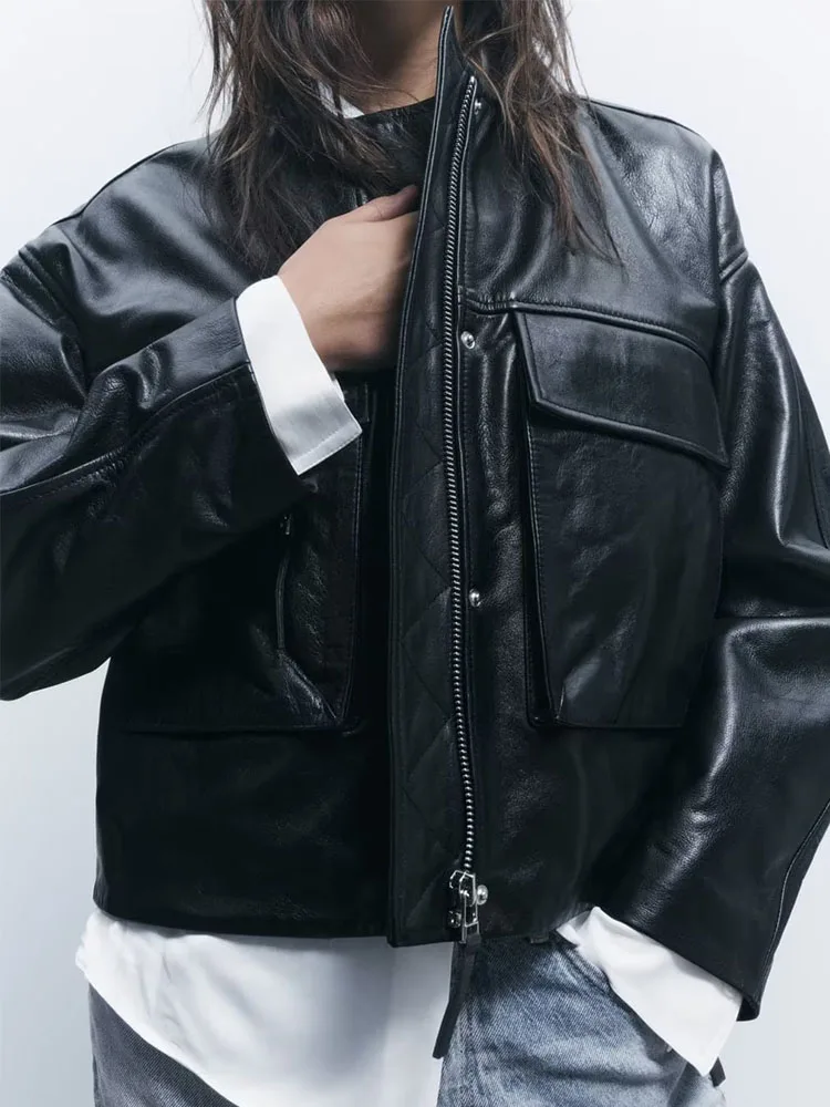 

TRAF Women Casual Faux Leather Jacket Coats 2023 Autumn Winter Female Double Pockets Streetwear Zipper Design Chic Outwear