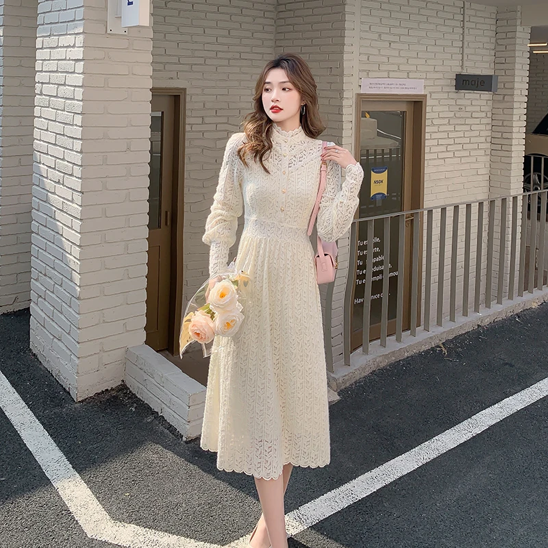 

Spring Fall New Dress Female Elegant Temperament Women Slim High Quality Gentle Solid Color Lace A-Line Dress Casual Clothing