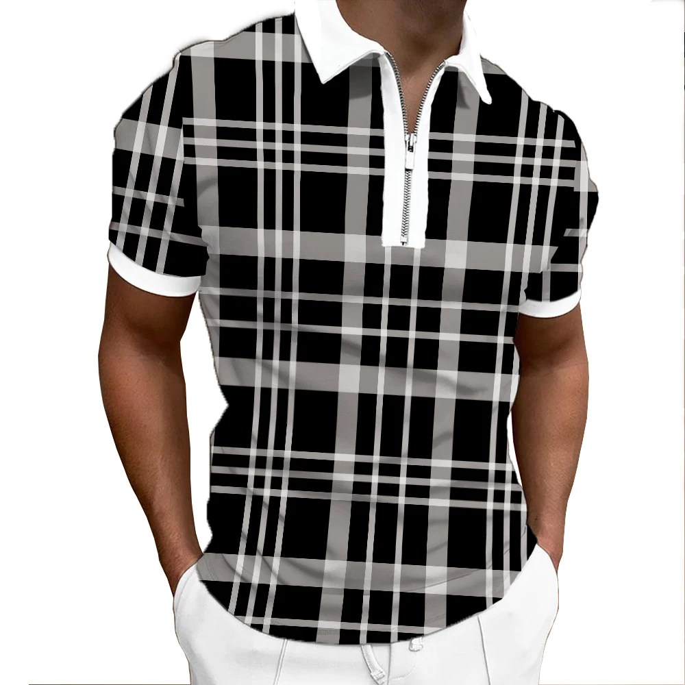 

2022 summer new men's lapel polo shirt fashion zipper short sleeve black and white striped plaid pattern 3D printing casual top