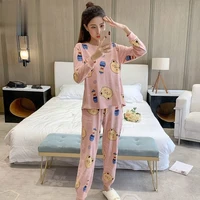 autumn and winter new cute cartoon loose round neck pullover pure color printing suit pajamas plus velvet home service