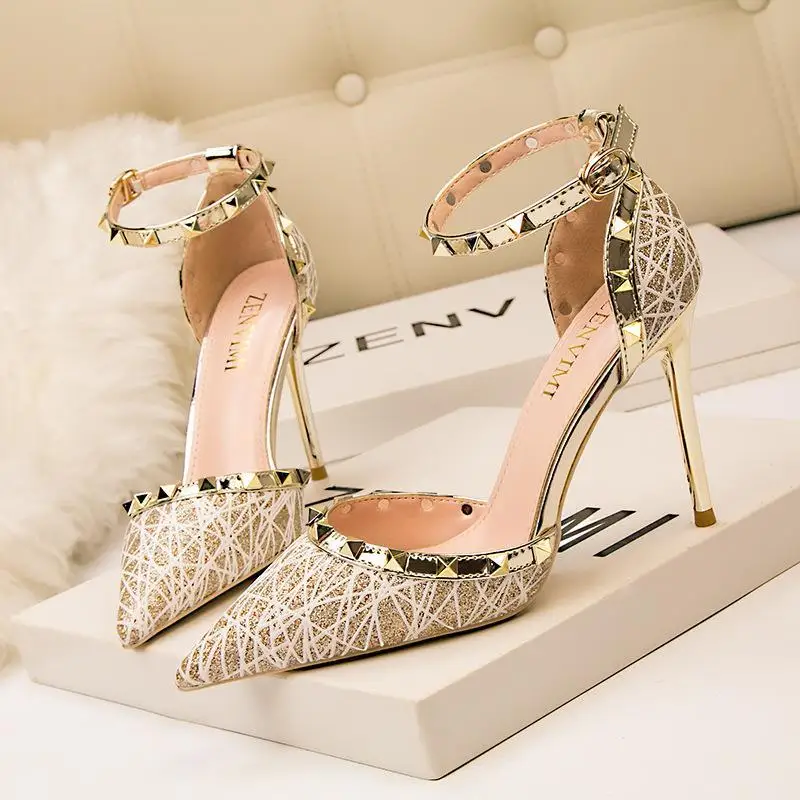 

CINESSD Banquet 10cm High Heels Sexy Stiletto Women's Shoes Light Pointed-Toe Hollowed Rivet Strap Sandals Line Design