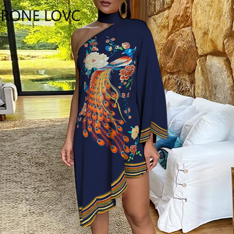 

Women One Shoulder Peacock Floral Print Irregular Dress Elegant Fashion Chic Dress