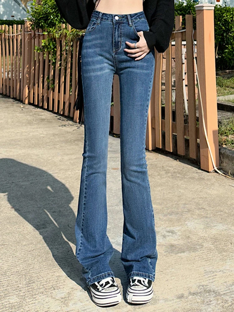 

Узкие расклешенные джинсы, женские эластичные расклешенные брюки с высокой талией, новинка весны-лета 2023, модные синие и черные винтажные джинсы, уличная одежда