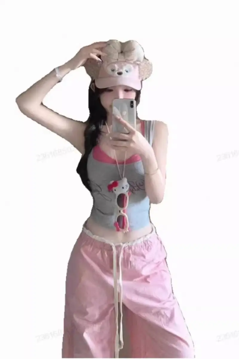 Stacked Fake Two Pieces Inner wear Cami Women Summer Outer Wear Sleeveless Design Sense Short Sweet Gyaru Top