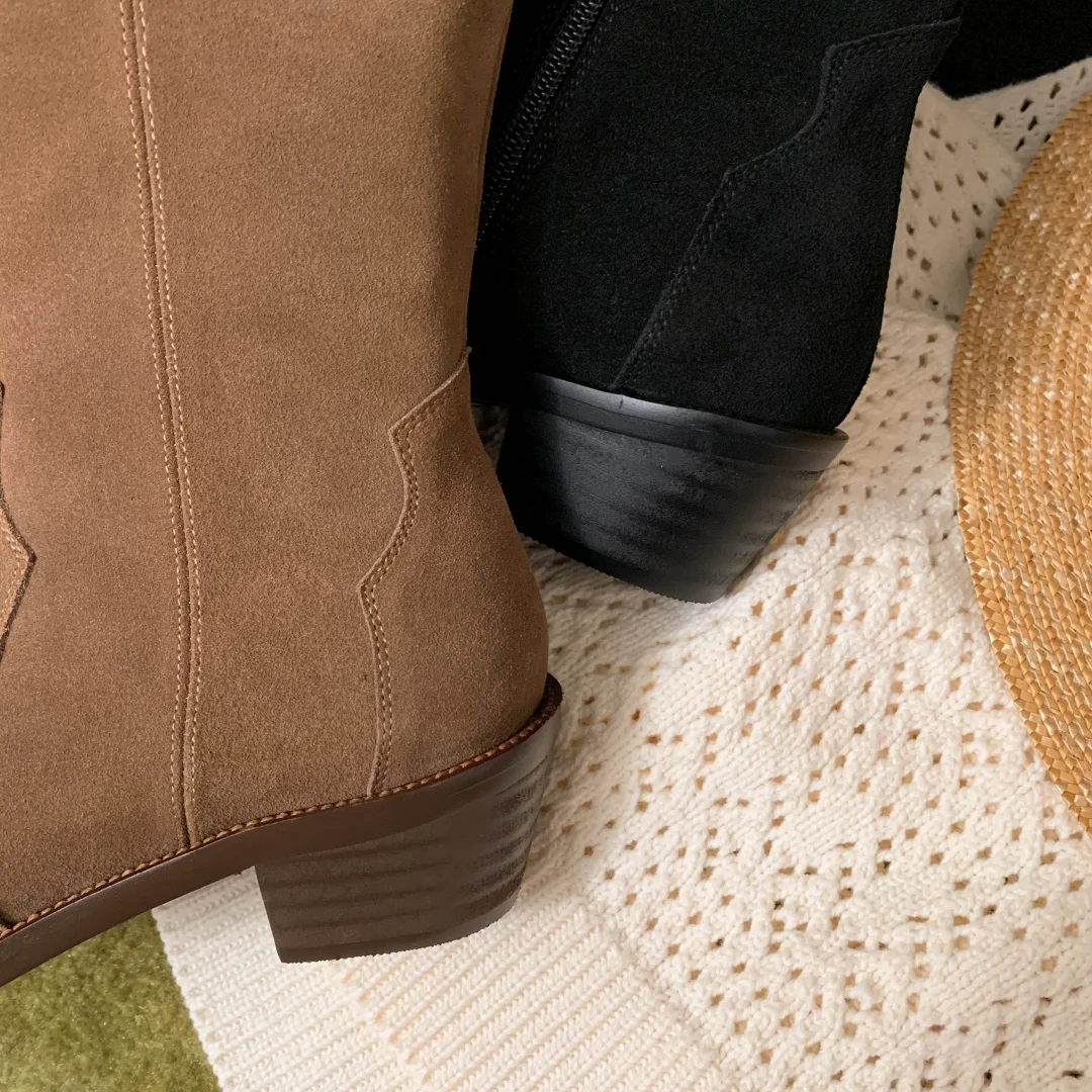 Женские осенние рыцарские сапоги до колена из натуральной замши с боковой