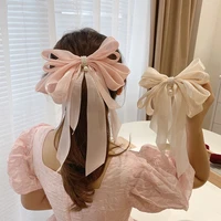 summer new pearl pendant big organza bow hair clip fashion hair accessory womens large ribbon bow hairpin head back top clip