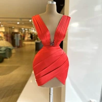 satin cocktail dresses 2022 for women deep v neck sleeveless mini cocktail gown red sleeveless sheath pleat short party dresses
