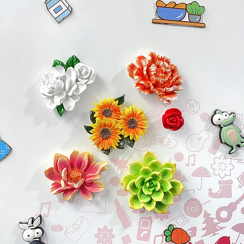 

3d Cute Refrigerator Magnet Kawaii Rose Sunflower Simulation Succulent Plant Sticker 3d Resin Refrigerator Sticker