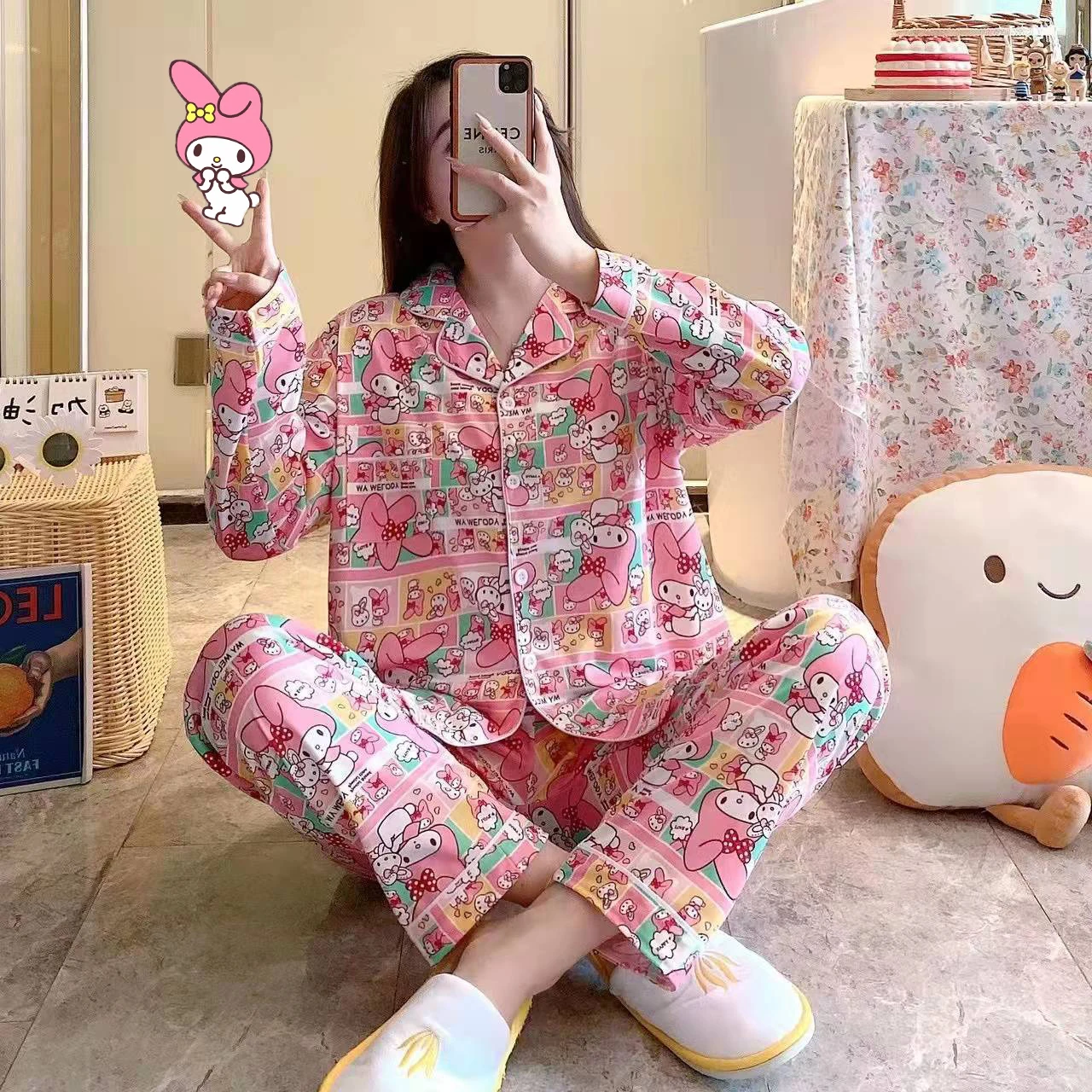 

Sanrioed Cinnamonroll Kuromi My Melody Kawaii Cartoon Pajamas Set Anime Cute long sleeve trousers sexy Sleepwear Girls Gift