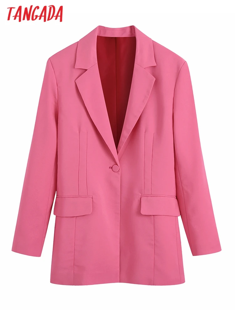 

Tangada Women One Button Pink Blazer Coat Vintage Long Sleeve Patch Pockets Female Outerwear BE163