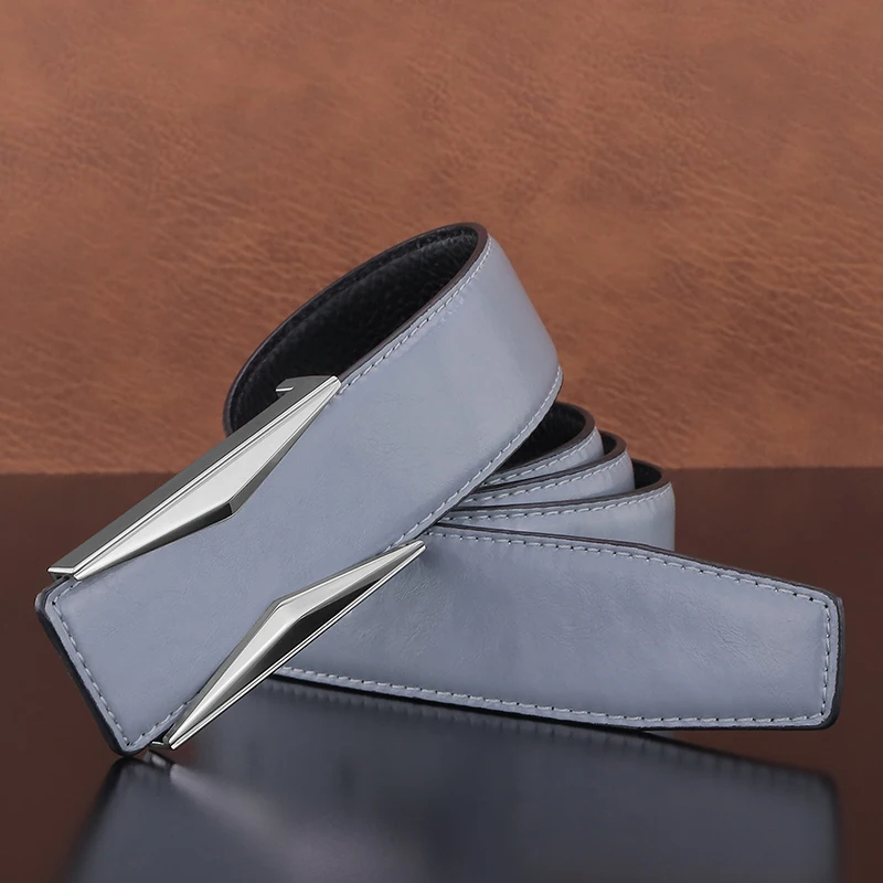 High Quality Fashion Light Gray Slide Buckle Personality Belts Men Genuine Leather Luxury Brand Young Men Leisure Ceinture Homme