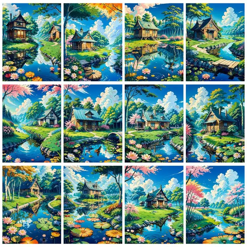 

RUOPOTY Painting By Numbers For Beginner Kits Creek House Picture Drawing Handicraft Handiwork Art Wall Decor