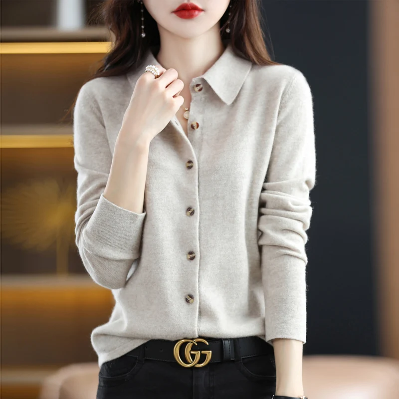 

BELIARST Worsted Wool Women Lapel Cardigan Spring/Autumn Fashion Knitted Tops Casual Loose All-match Jackets Special POLO Shirts