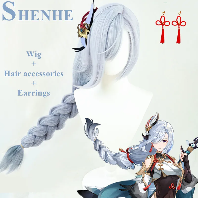 Game Genshin Impact Shenhe Cosplay Wig Blue White Color Long Braids Headwear Heat Resistant Synthetic Hair